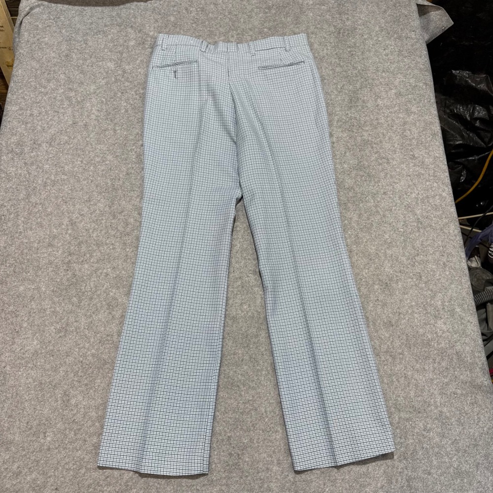 Vintage 70s Mens Blue White Check Flare Trousers Disco Houndstooth Pants 35x31 - Picture 3 of 6